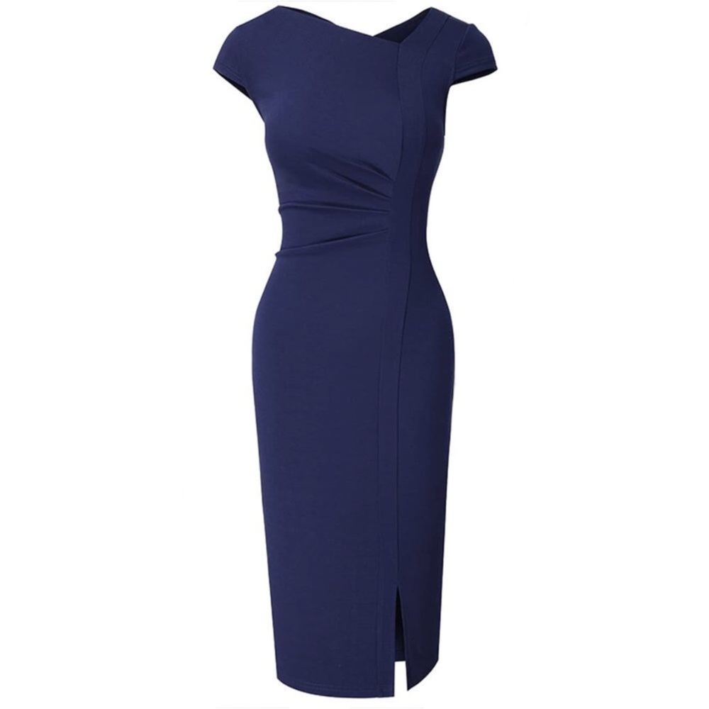 𝅺ELEGANT Front SplitBusiness Formal Vintage Slim Dress B700, Navy Blue - Picture 3 of 8